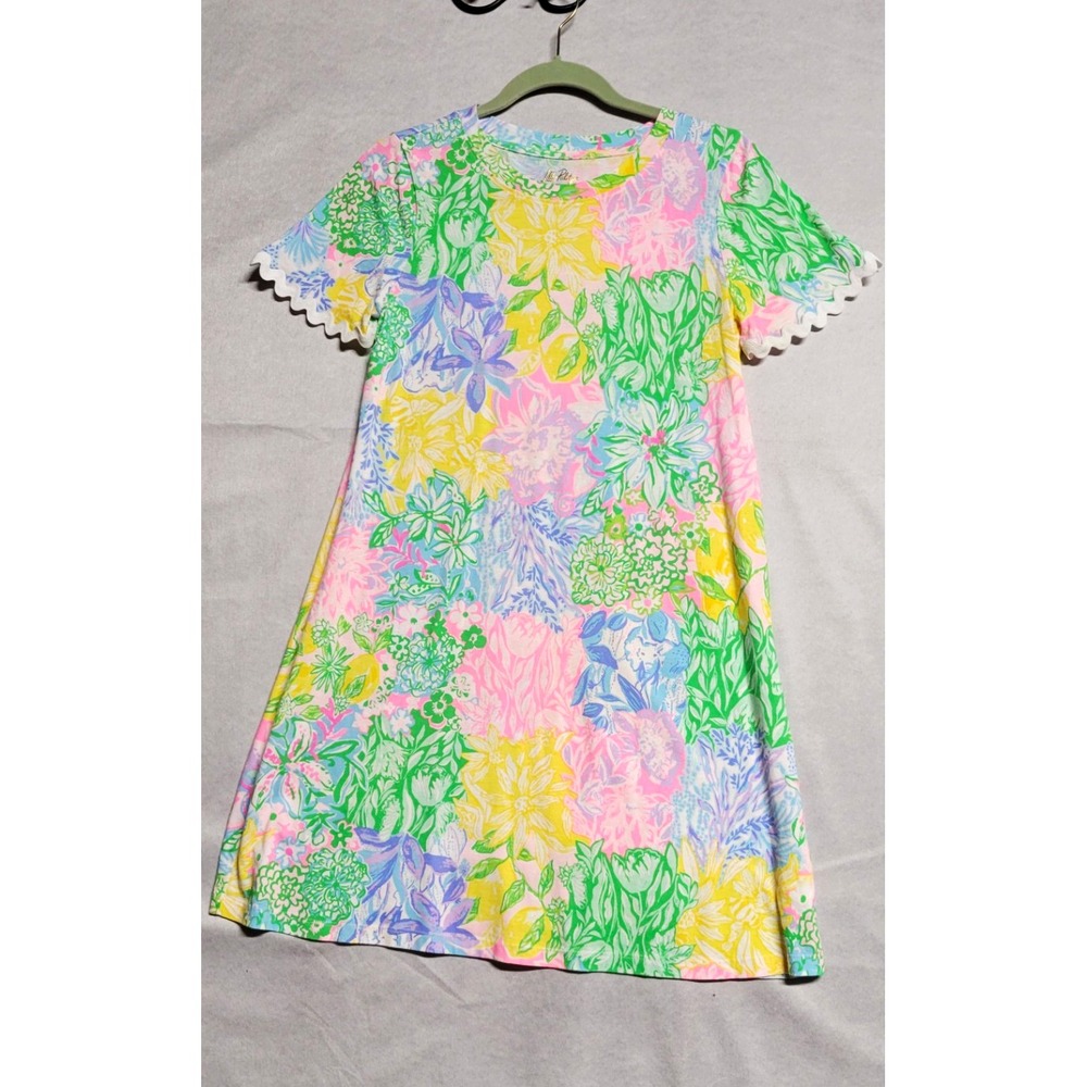 Lilly Pulitzer Multicolor Floral Shift Dress Rickrack Trim Short Sleeve Sz S